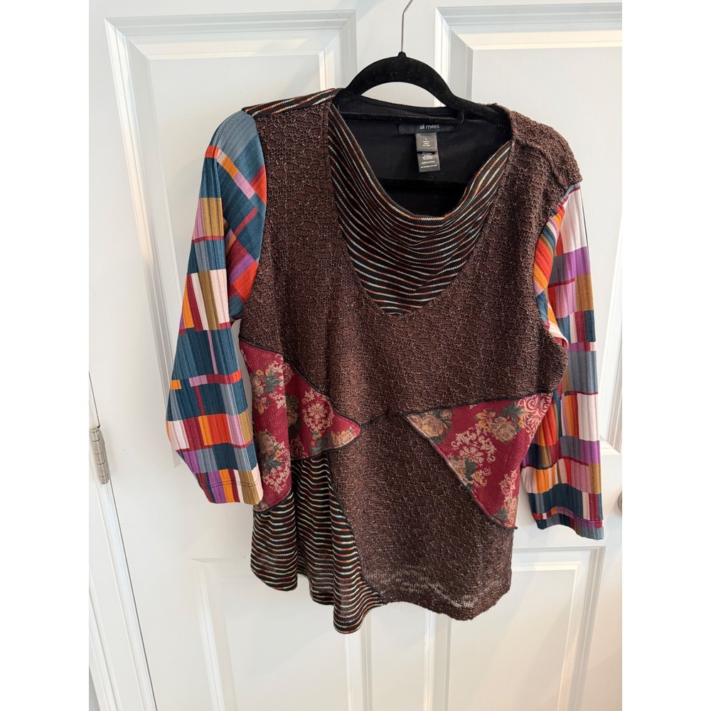 Ali Miles Womens Mixed Media Patchwork Tunic Top Brown Floral Striped Large